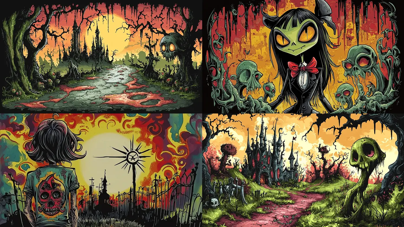 Gothic Elegance in a Surrealist Landscape: A Homage to the Macabre - Midjourney sref style