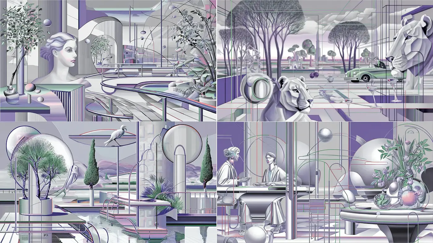 Distinctive Geometric and Surreal Aesthetic with Harmonious Elements - Midjourney sref style