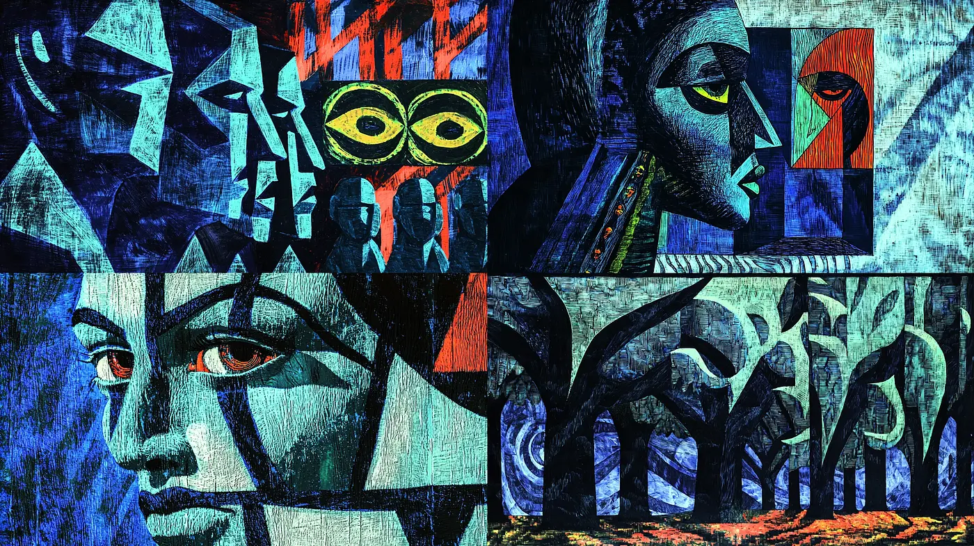 Cubist Symphony in Indigo: A Textured Mosaic of Geometric Impressions - Midjourney sref style