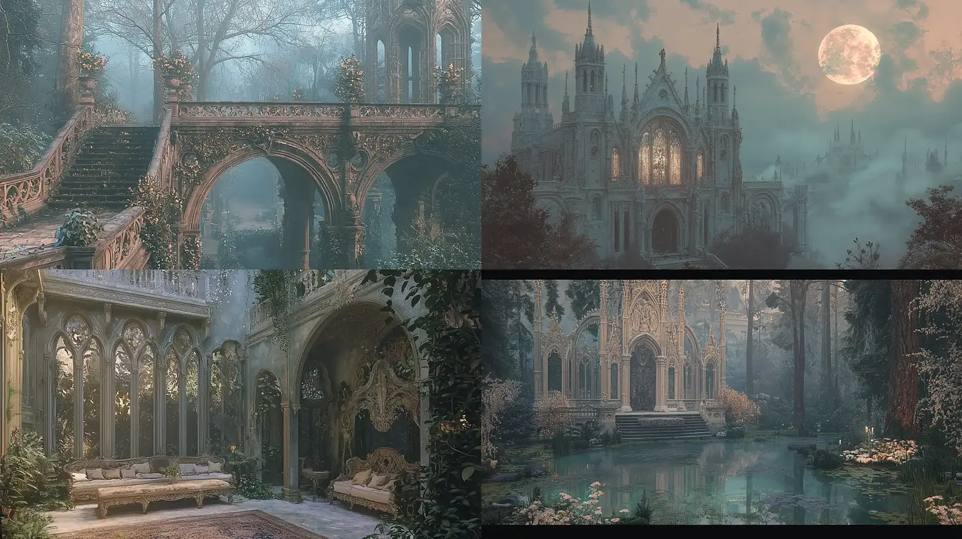 Ethereal Twilight Ruins: A Homage to Gothic Romanticism and Nature's Embrace - Midjourney sref style