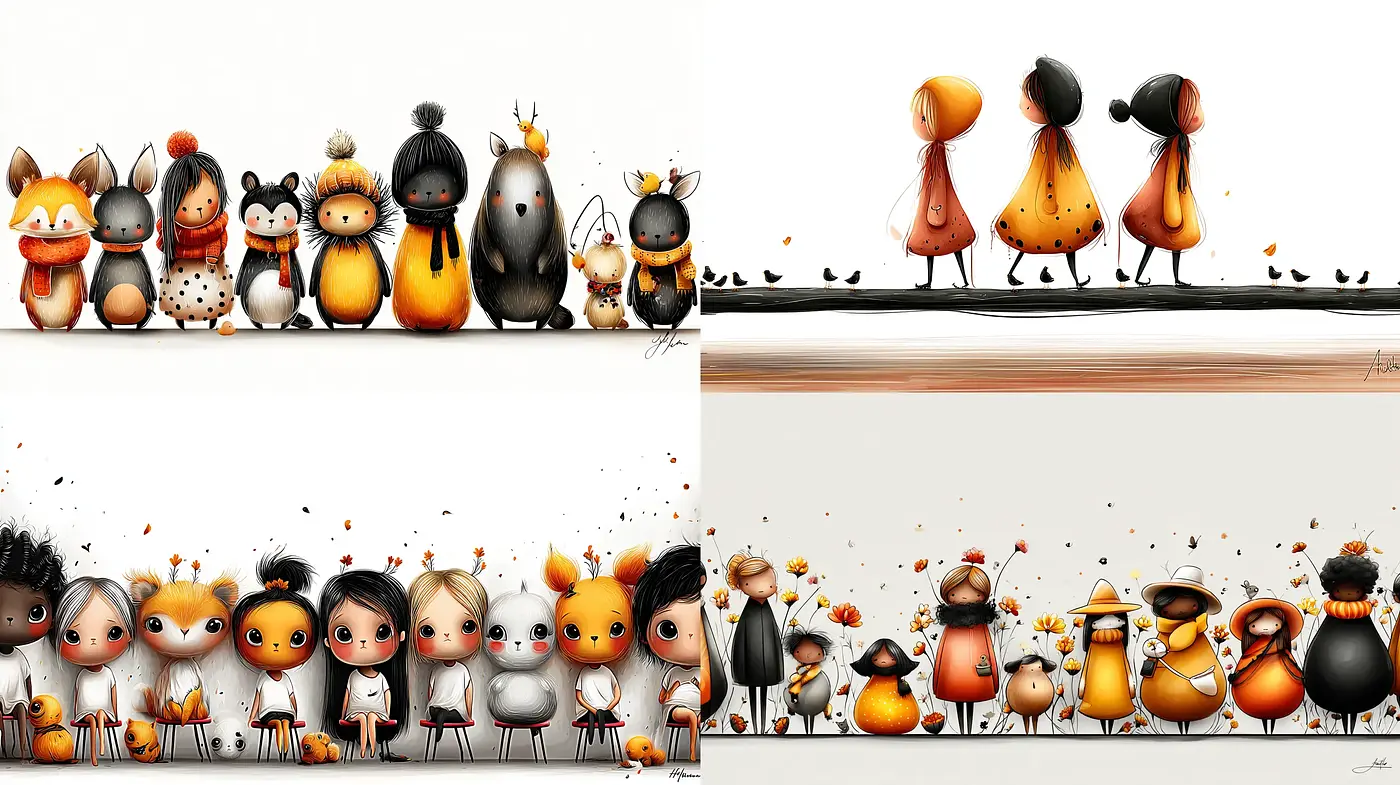 Whimsical Characters in a Playful Color Palette with a Touch of Minimalism - Midjourney sref style