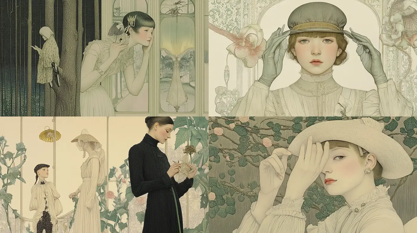 Ethereal Elegance in Pastel: A Consistent Art Nouveau Revival across Visions - Midjourney sref style