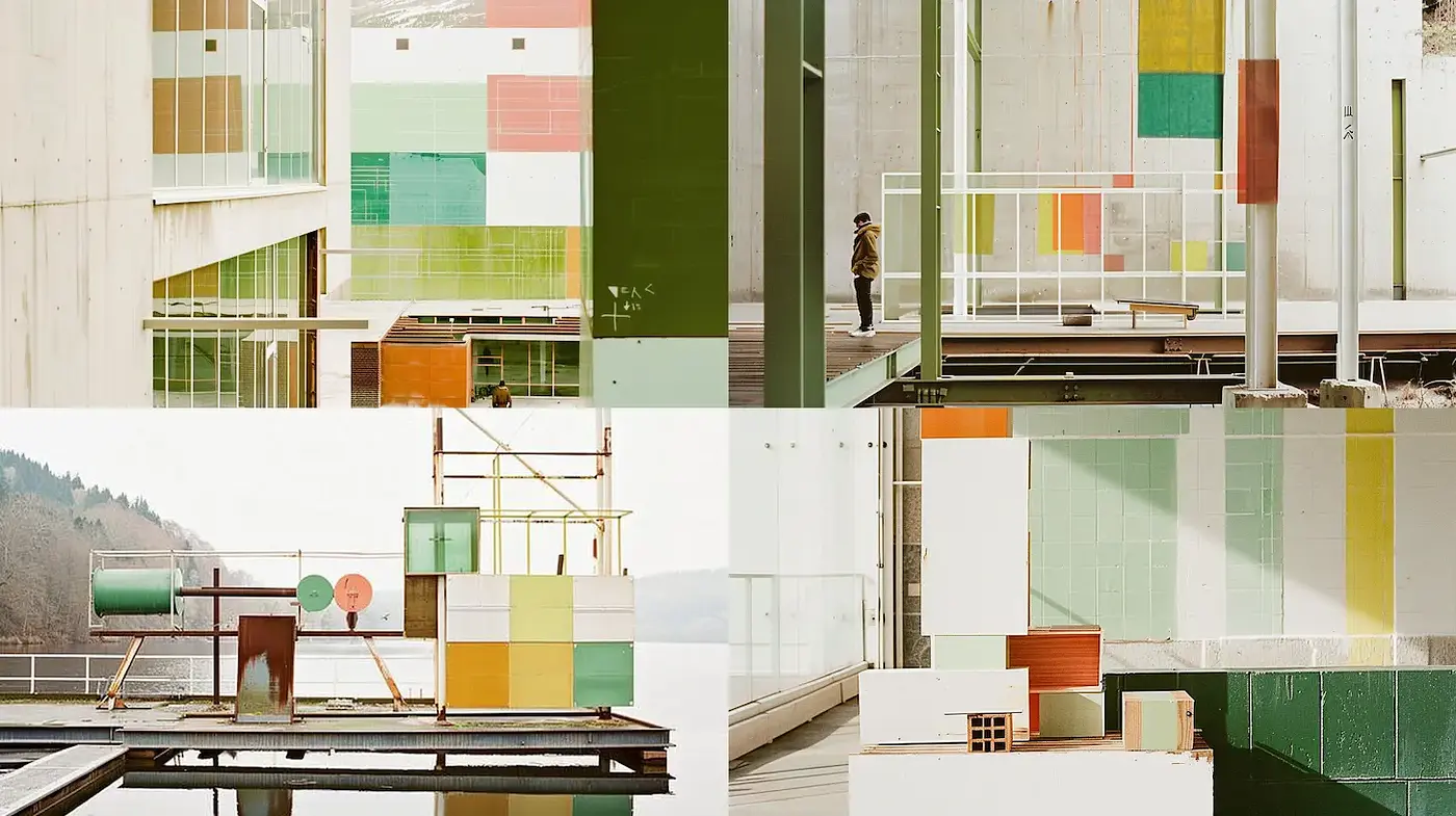 Modern architectural interplay with a muted palette and pastel tones - Midjourney sref style