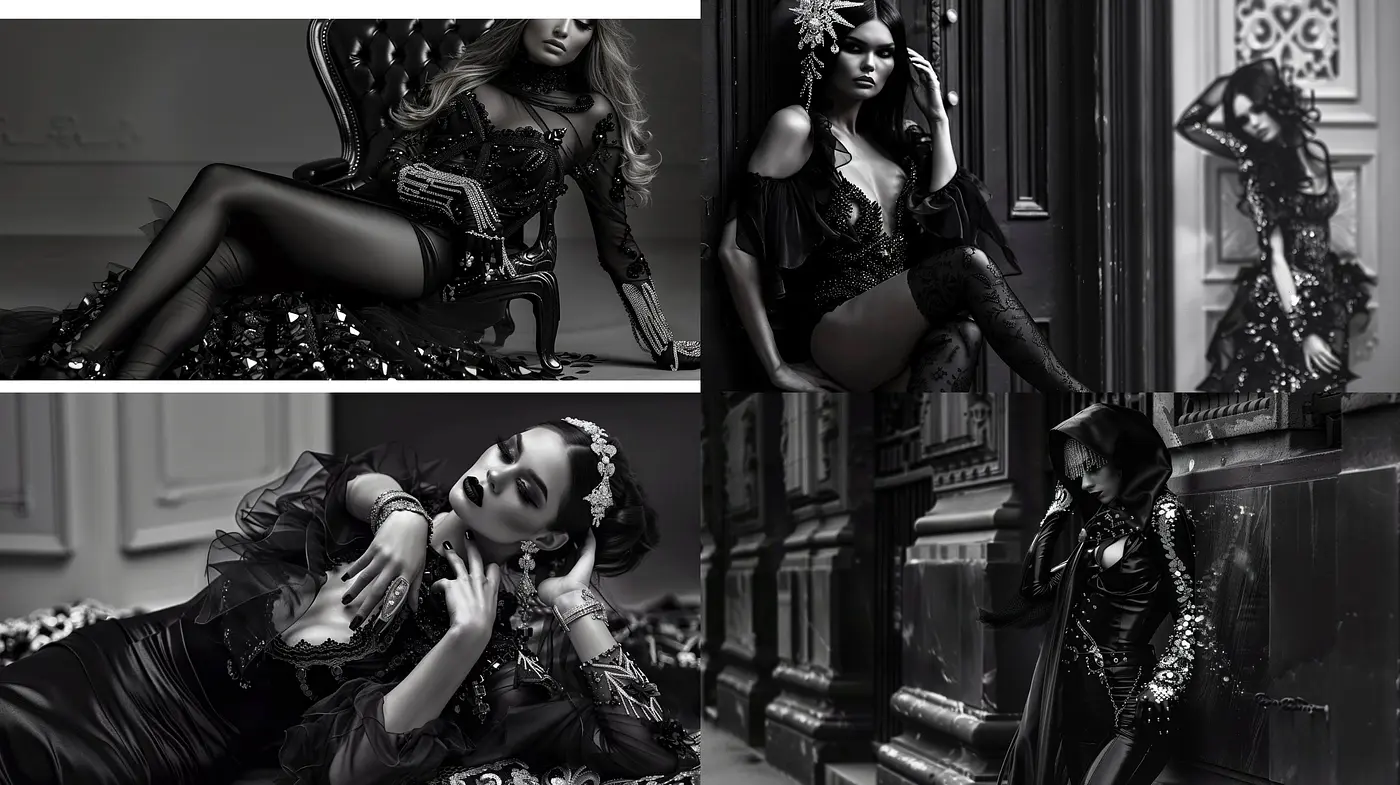Monochromatic Elegance: A Study in Grayscale Glamour and Textural Intrigue - Midjourney sref style