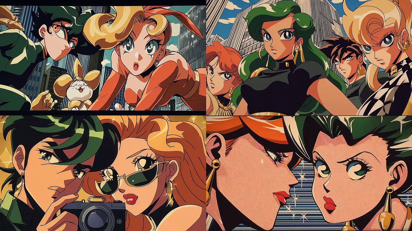 Dynamic and Expressive Retro Anime Style with Bold Character Designs - Midjourney sref style