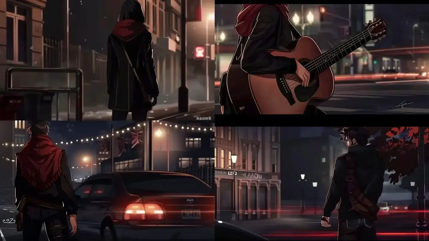 Dramatic Urban Night Scenes in a Stylized Narrative Illustration - Midjourney sref style
