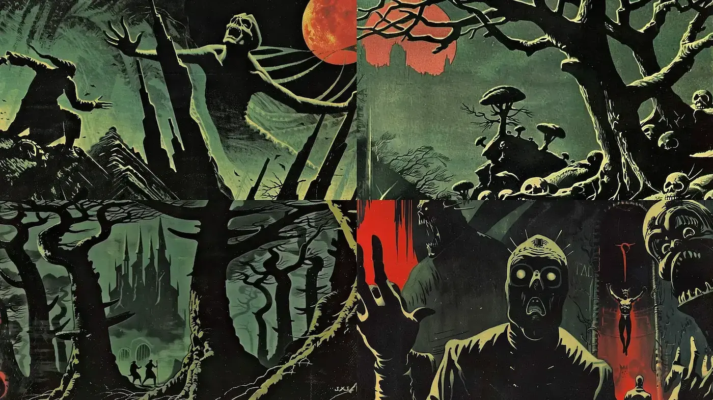 Gothic Horror Art with Surreal Elements and Strong Textural Contrast - Midjourney sref style
