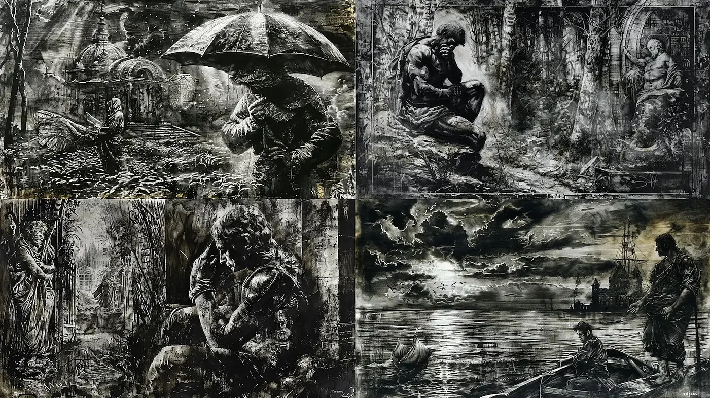 Dramatic monochrome illustrations evoking emotional depth and historical themes - Midjourney sref style