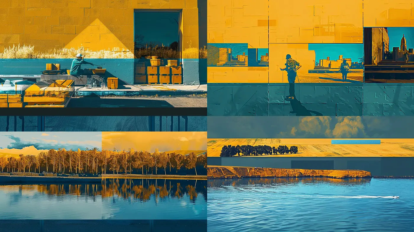 Consistent Hues of Serenity: A Mosaic of Textured Blues and Autumn Golds - Midjourney sref style