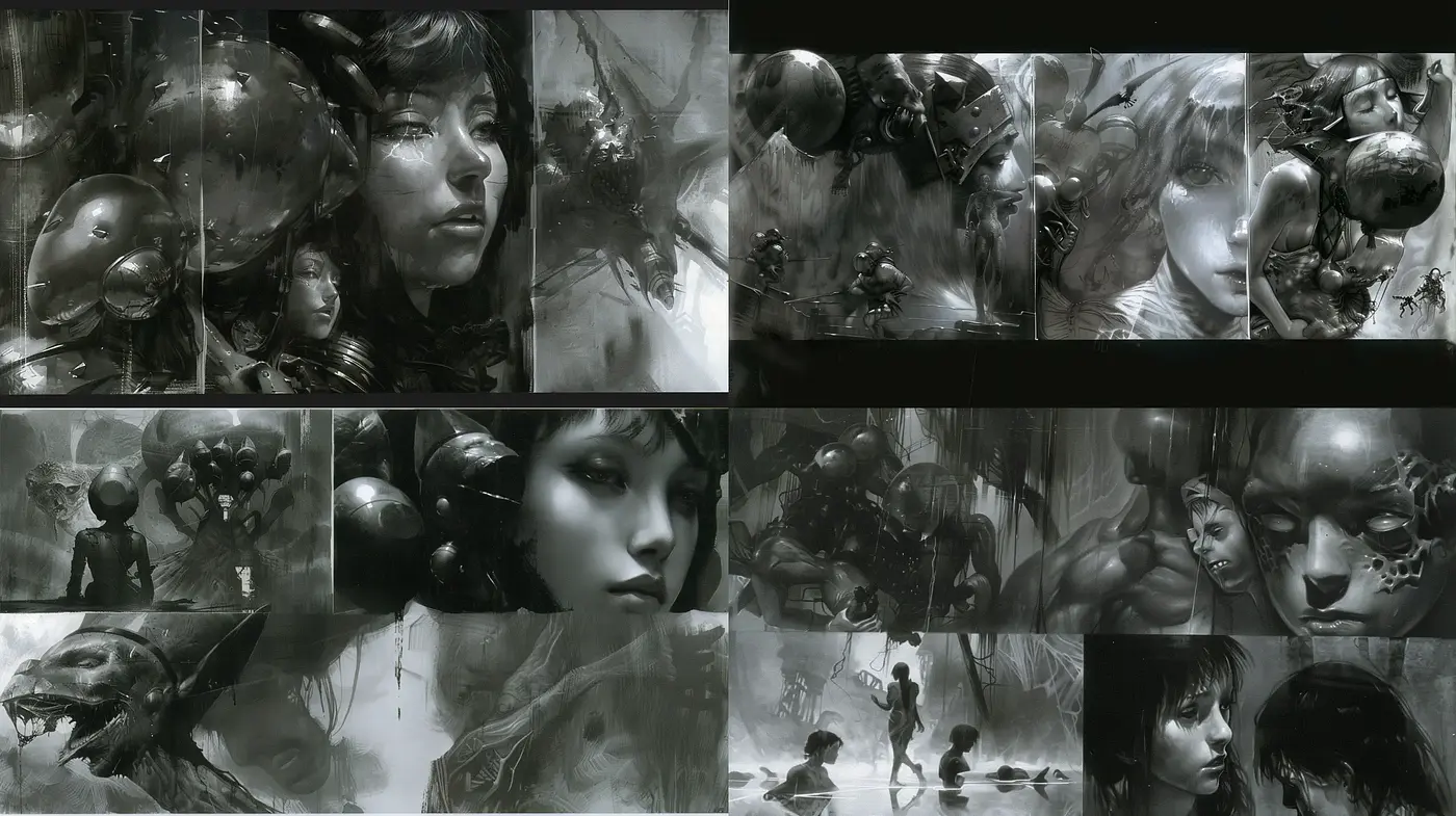 Monochromatic Dreamscape of Surrealism and Sci-Fi - Midjourney sref style