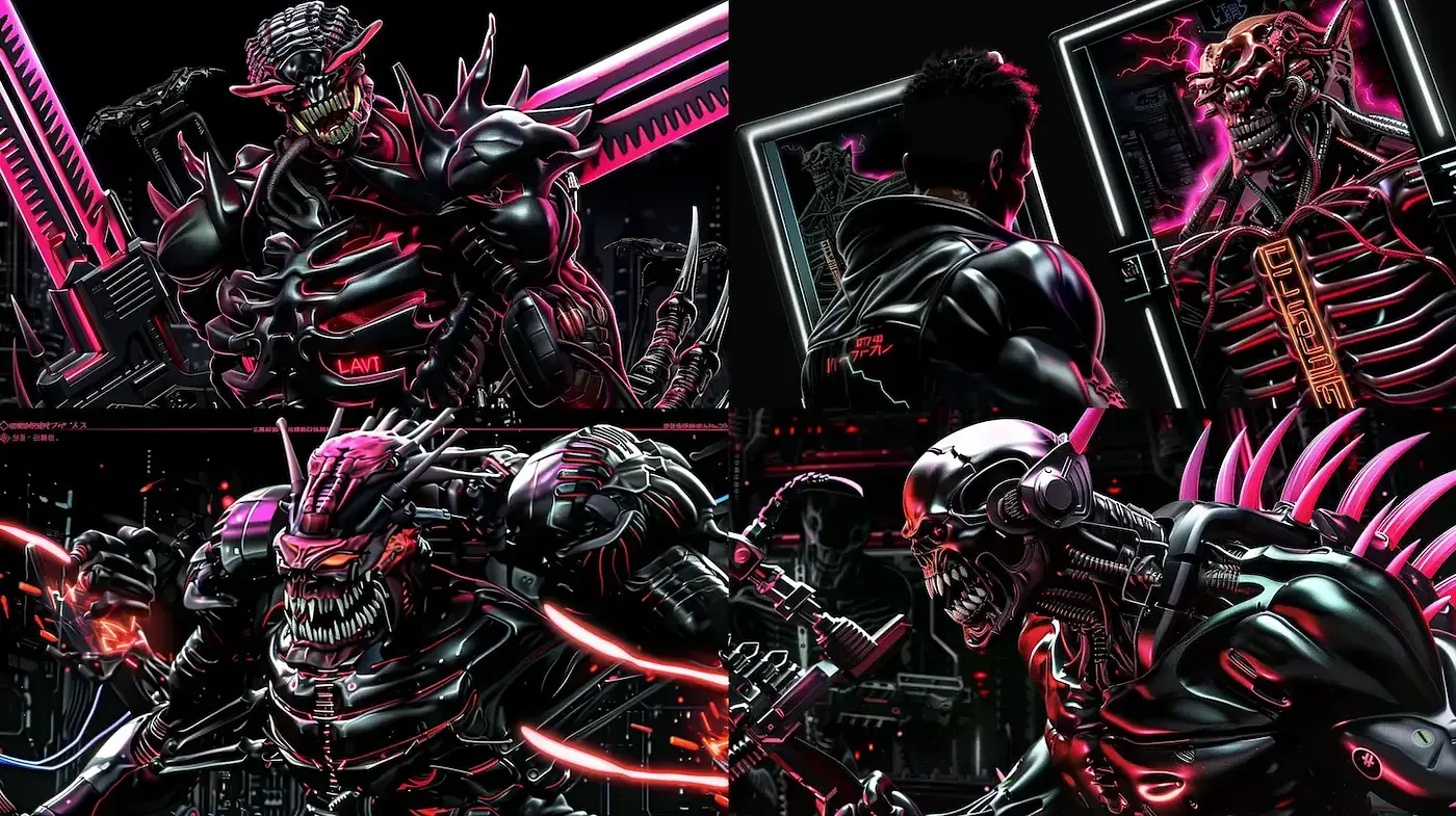 Bold and Dynamic Cybernetic Art with a Dark, Futuristic Edge - Midjourney sref style