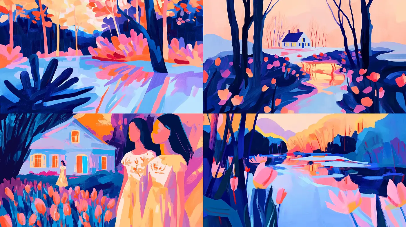 Twilight Reverie: Evocative Hues of Dusk in Stylized Landscapes - Midjourney sref style