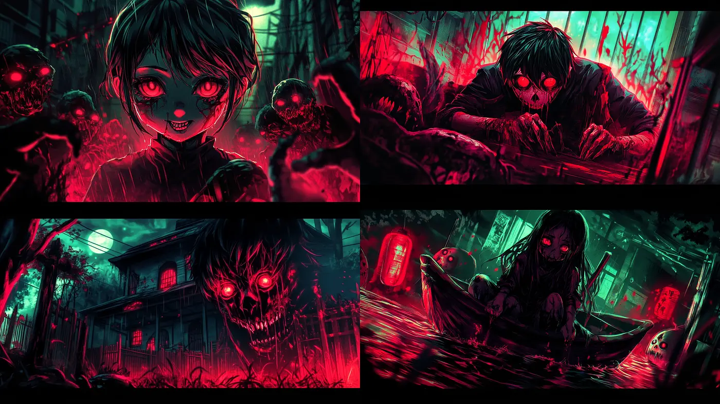 Dynamic and eerie visual narrative with an unsettling charm - Midjourney sref style
