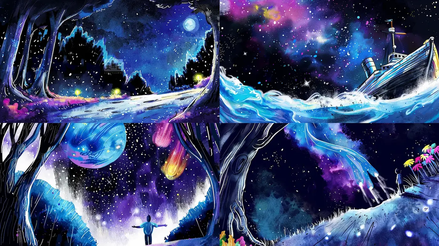 Cosmic Dreamscape with Whimsical Elements and Vibrant Textures - Midjourney sref style