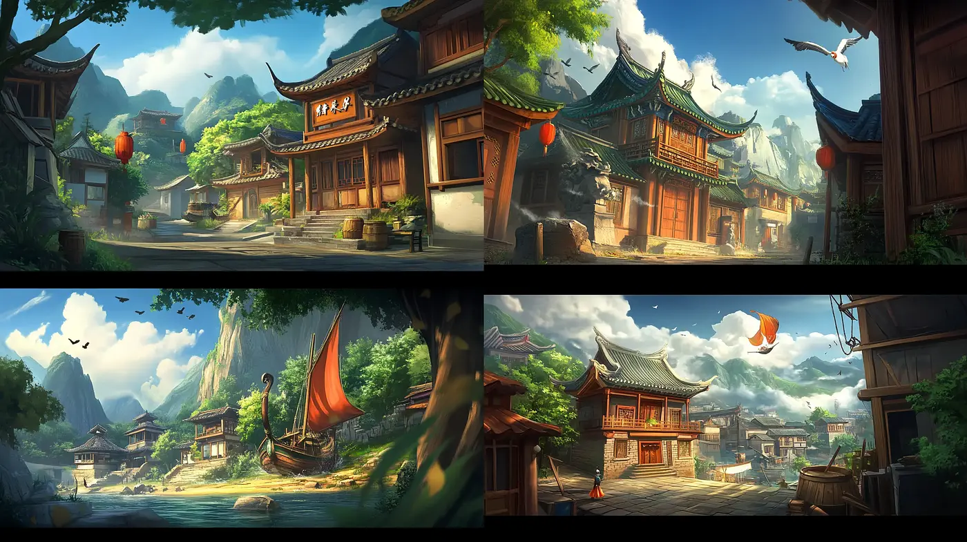 Idyllic Eastern Serenity: A Symphony of Traditional Architecture and Nature - Midjourney sref style