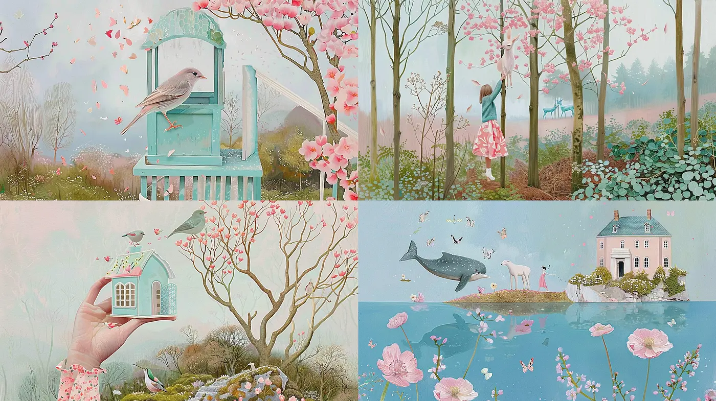 Ethereal Pastel Dreamscape: A Fusion of Soft Hues and Serene Illustrative Elements - Midjourney sref style