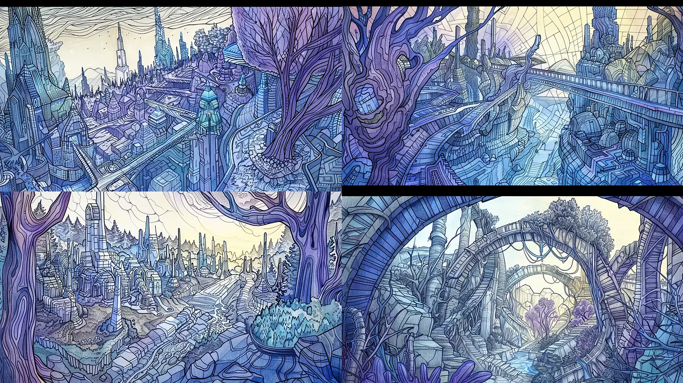 Ethereal Dreamscape in Lavender Hues: A Fantastical Crosshatching Symphony - Midjourney sref style