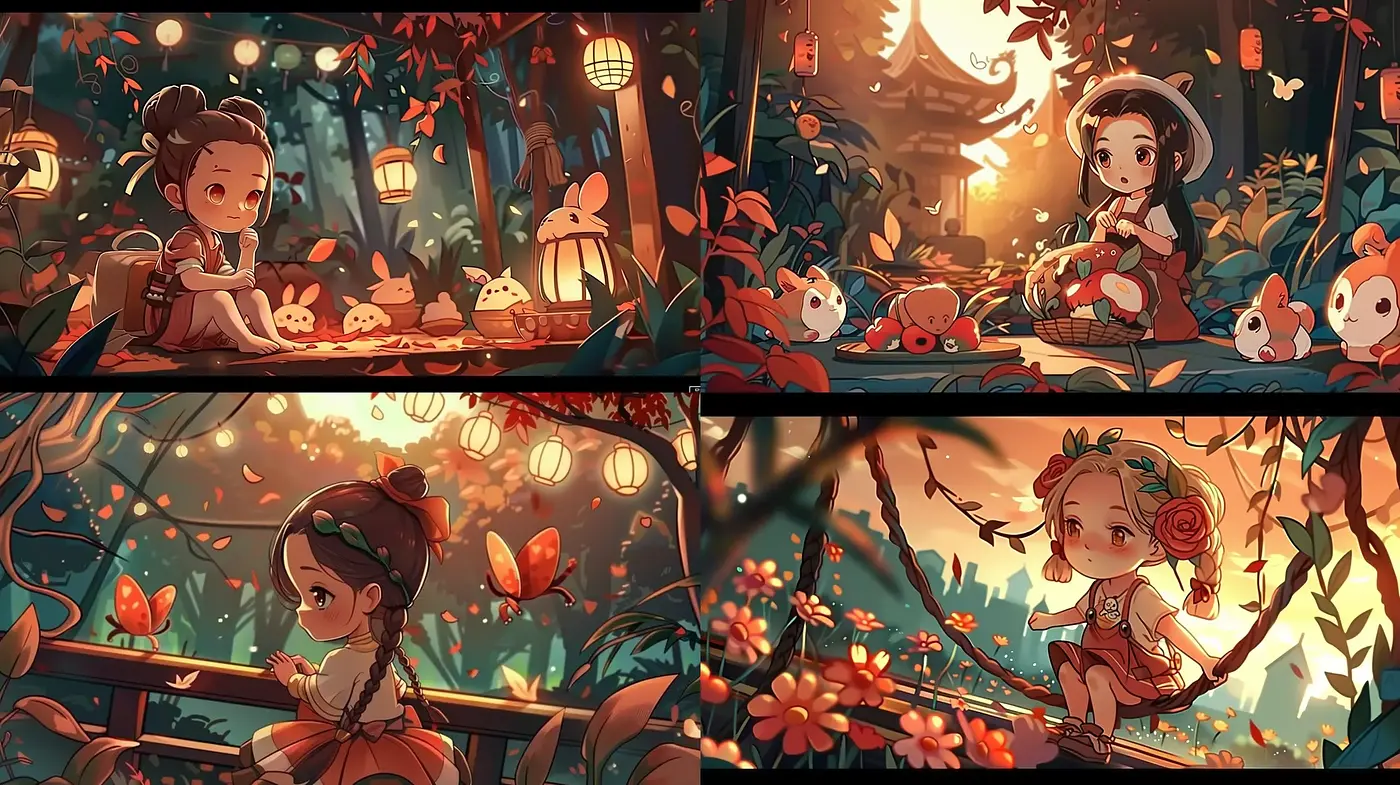 Enchanted Twilight Garden: A Harmonious Blend of Warm Hues and Whimsical Illustration - Midjourney sref style