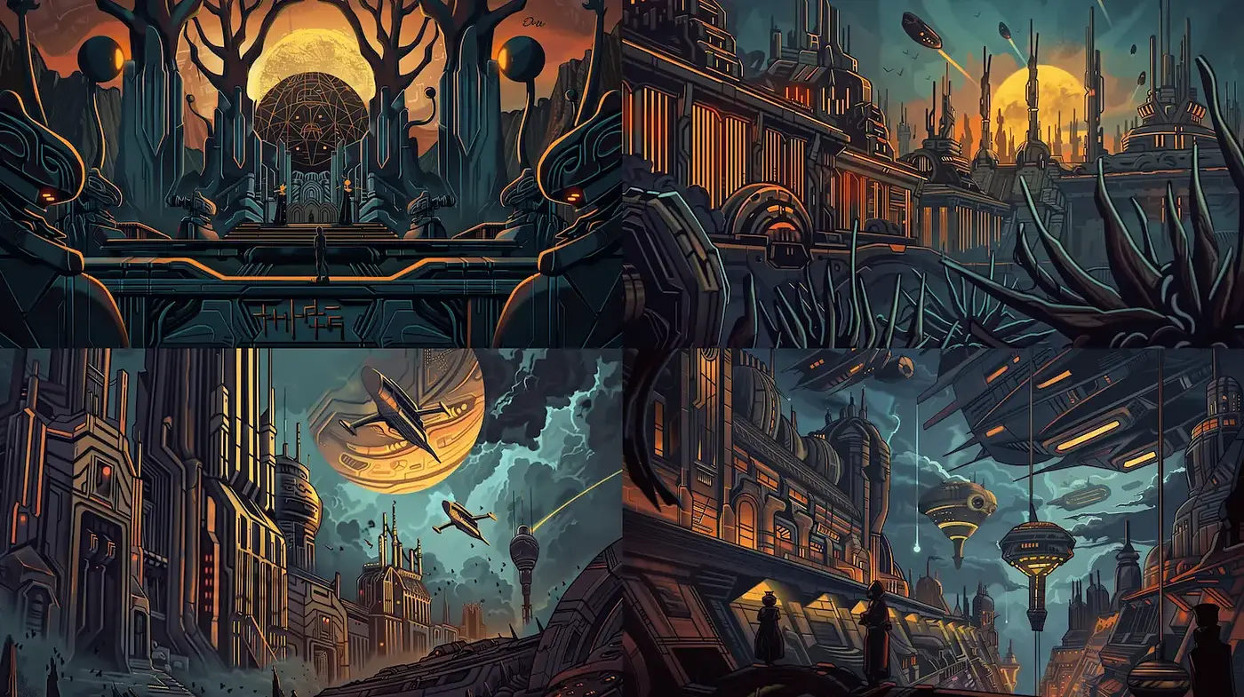 Futuristic landscapes inspired by sci-fi aesthetics with intricate details - Midjourney sref style