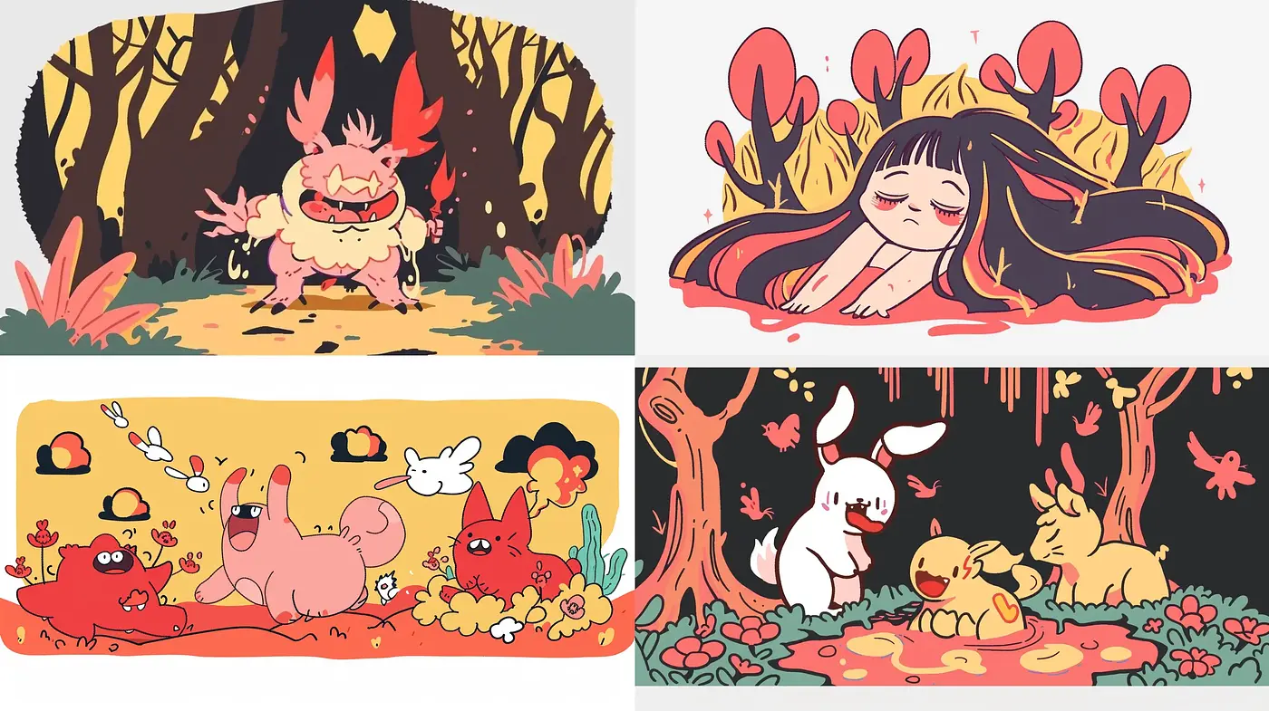 Harmonious Pastel Wilderness: A Blend of Playful Illustration with a Whimsical Color Spectrum - Midjourney sref style