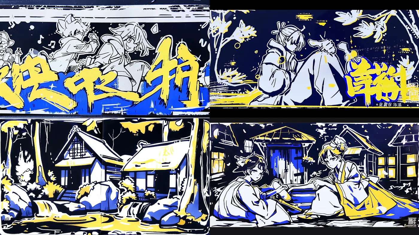 Dynamic Duo-Tone Oriental Illustrations - Midjourney sref style