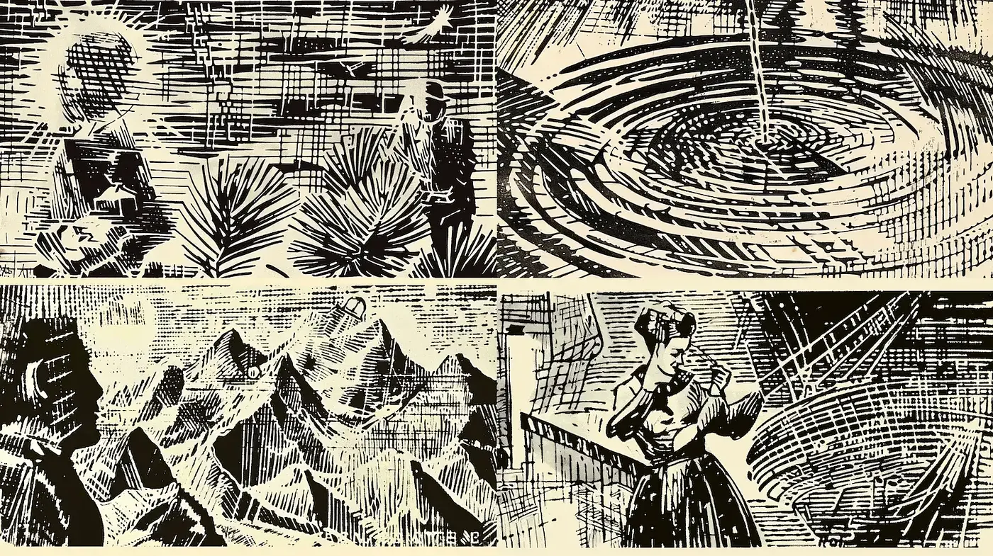 Dynamic and Expressive Line Art with Vintage Influence - Midjourney sref style