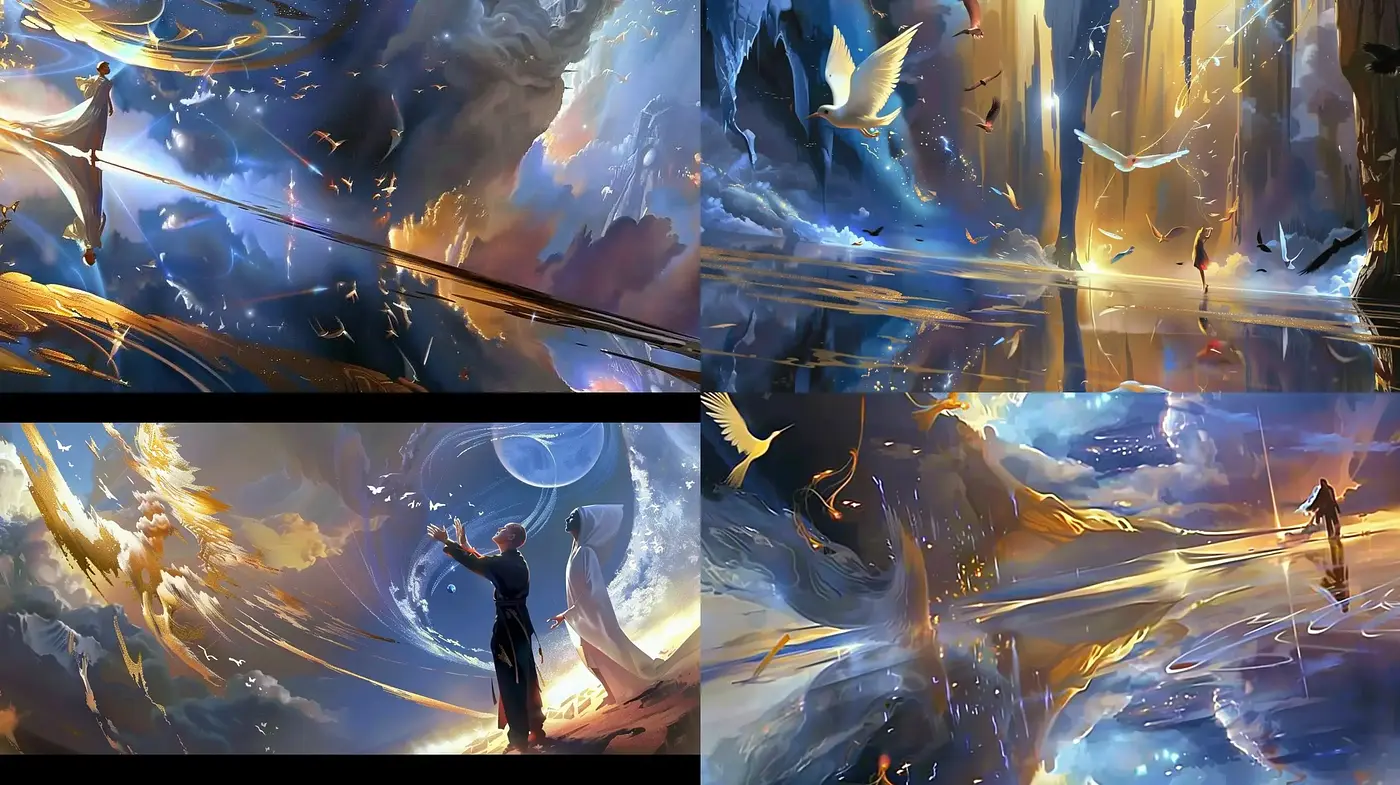 Ethereal Dreamscape Symphony of Dynamic Brushwork and Celestial Palette - Midjourney sref style