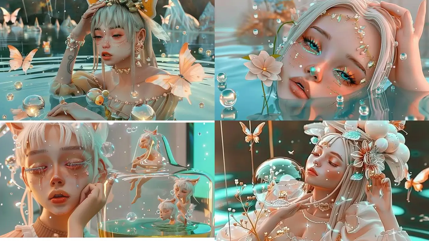 Aquafloral Dreamscapes: Ethereal Elegance in a Surreal Watery Wonderland - Midjourney sref style