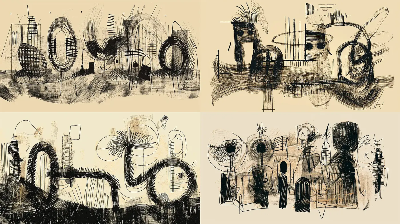Abstract Scribbled Gestures in Monochrome Sepia - Midjourney sref style