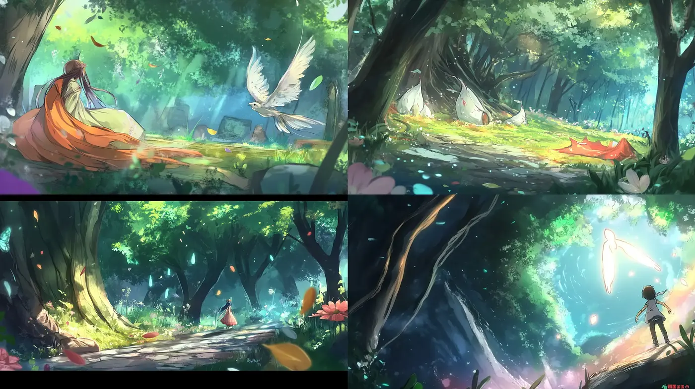 Enchanted Forest Dreamscape: An Ethereal World of Lush Greens and Magical Flora - Midjourney sref style
