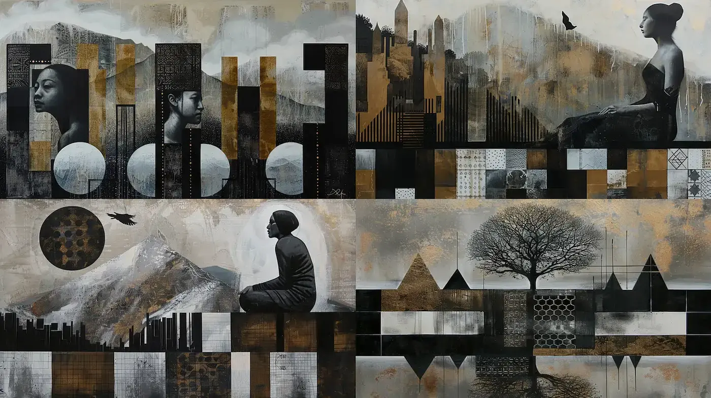Intricate Surreal Composite with Organic and Geometric Elements - Midjourney sref style