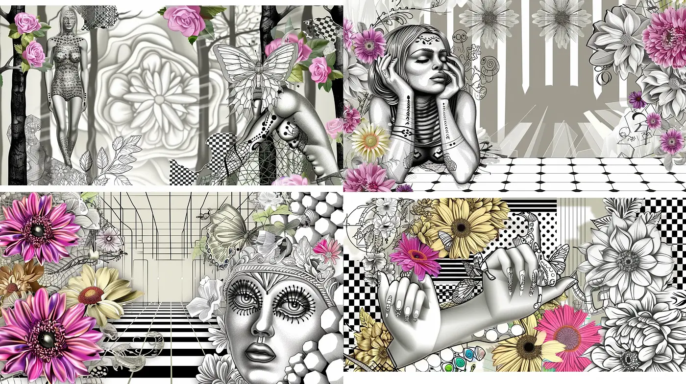 Monochromatic Elegance with Vibrant Floral Accents - Midjourney sref style