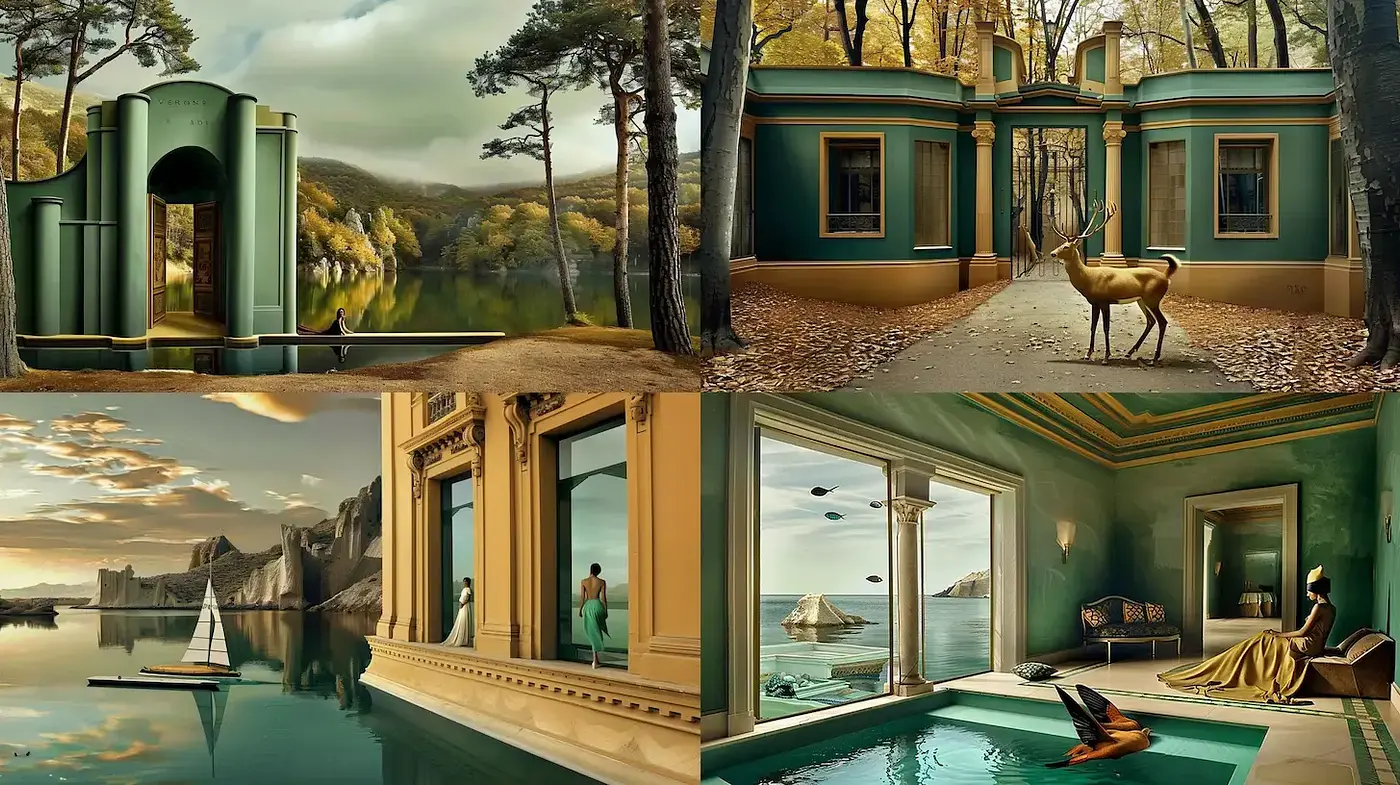 Surrealist architectural landscapes with a dreamlike ambiance - Midjourney sref style