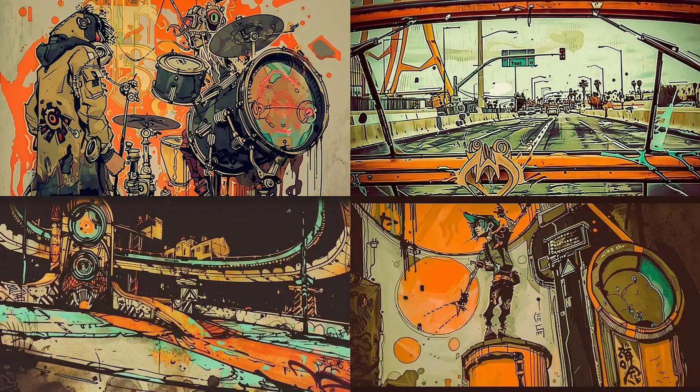 Dynamic urban artwork with expressive contours and vibrant color splashes - Midjourney sref style