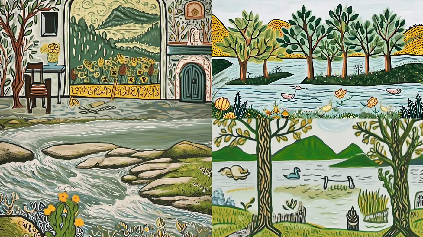 Harmonious Whimsy and Folklore: A Tribute to Stylized Naïve Art in Vivid Nature Scenes - Midjourney sref style