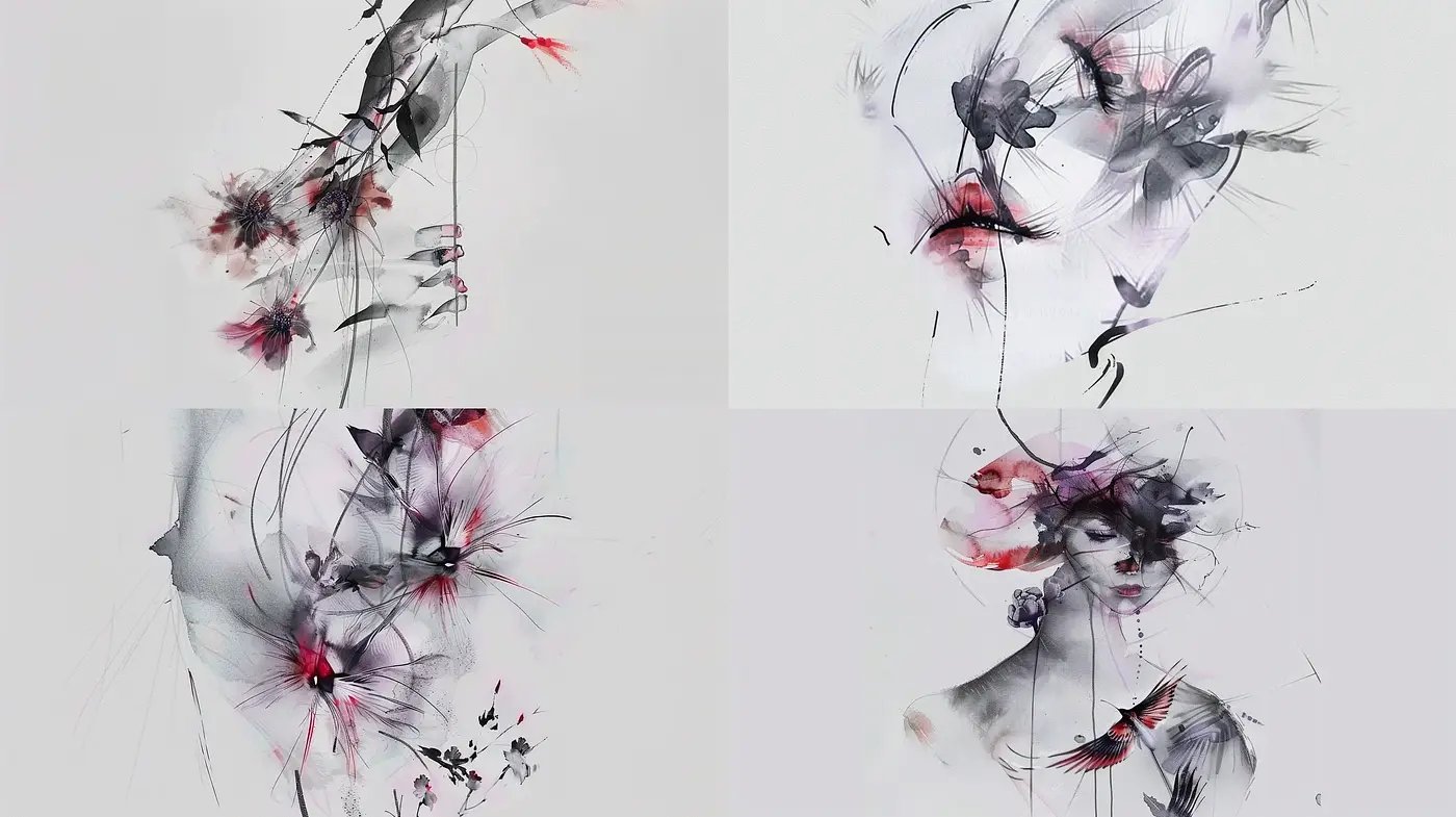 Ethereal Inkblot Symphony with a Hint of Red Accent - Midjourney sref style