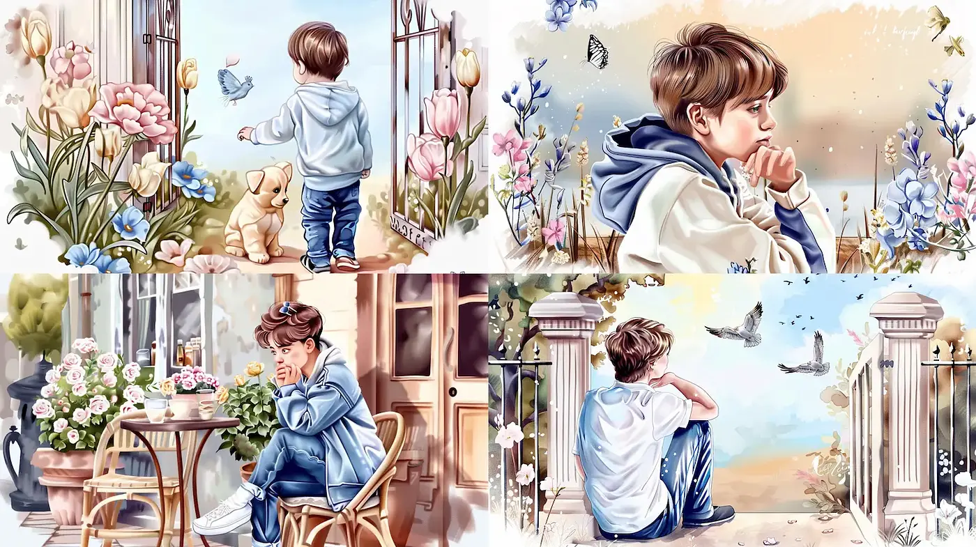 Whimsical and Dreamy Childlike Illustrations with Floral Elements - Midjourney sref style