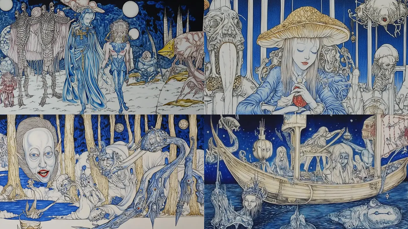 Enigmatic Blue-Toned Storybook Illustrations - Midjourney sref style
