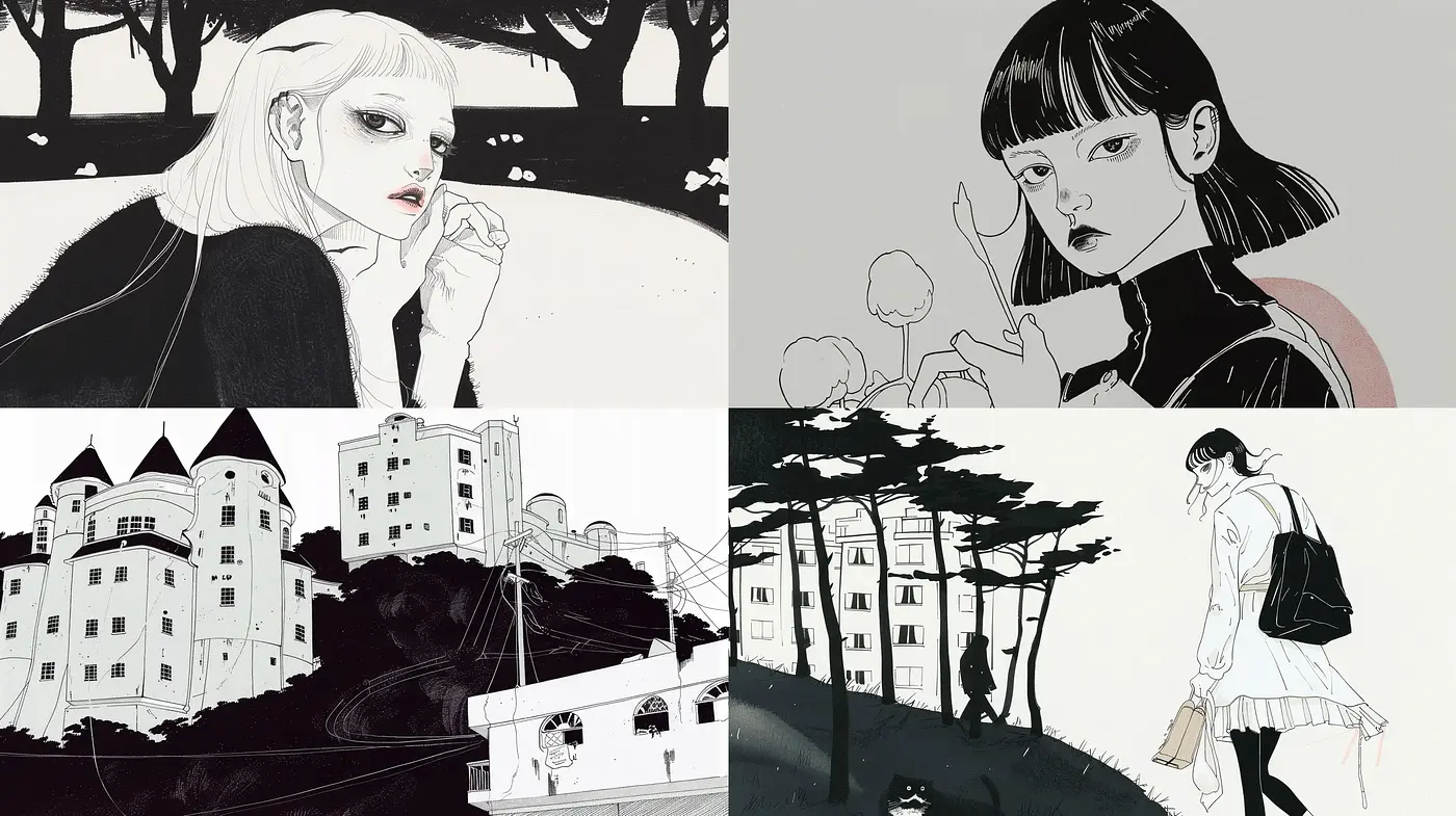 Monochrome Elegance with a Hint of Modern Manga - Midjourney sref style