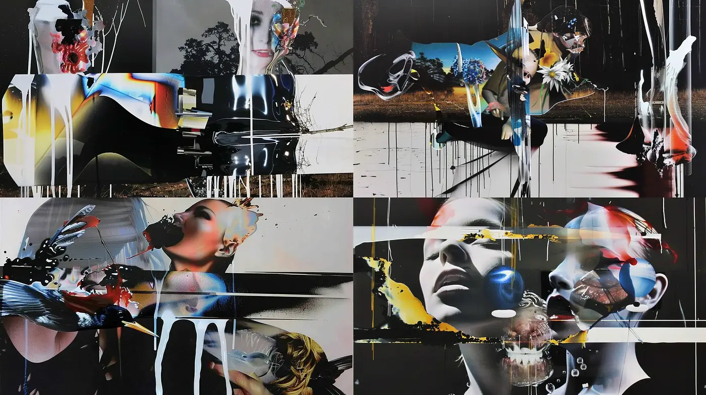 Surrealistic Digital Fusion of Fragmented Portraiture - Midjourney sref style
