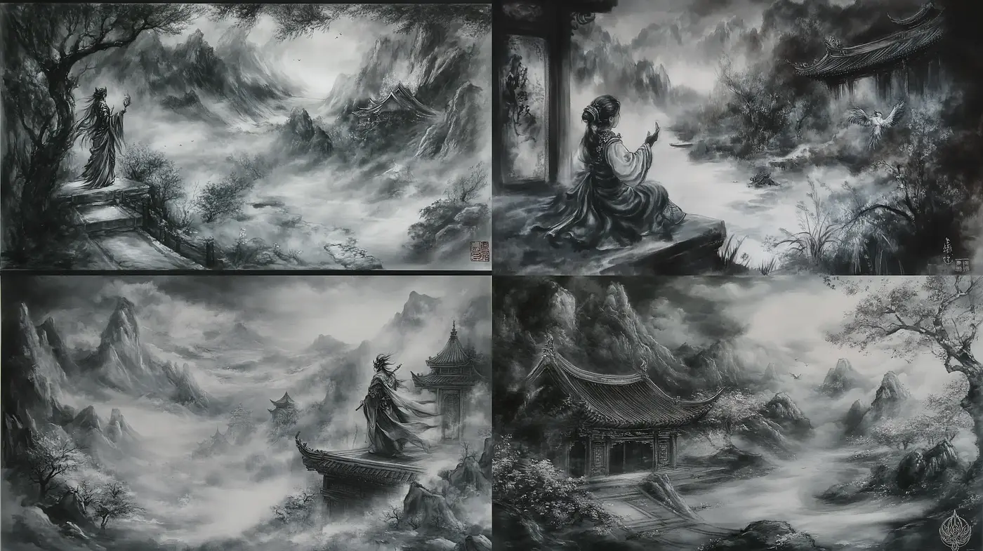 Monochromatic Interpretations of Celestial Dreamscapes - Midjourney sref style