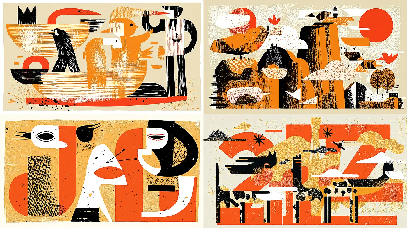 Distinctive Abstract Illustrations with a Warm Palette and Graphic Quality - Midjourney sref style