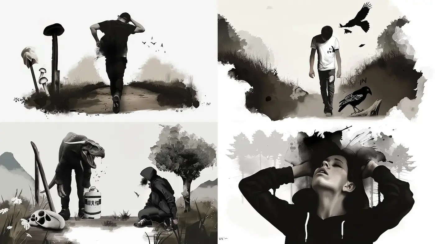 Grayscale Surrealism with a Touch of Nature and Urban Themes - Midjourney sref style