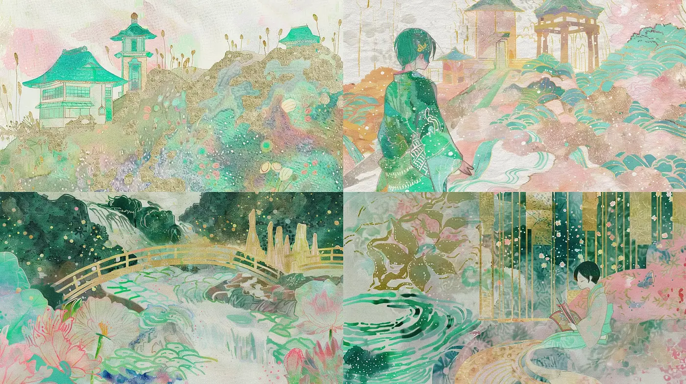 Ethereal Watercolor Dreamscape with a Touch of East Asian Aesthetics - Midjourney sref style