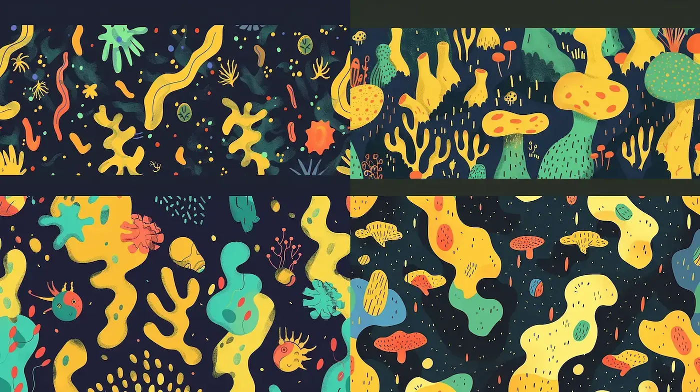 Vibrant and Whimsical Organic Patterns with a Retro Aesthetic - Midjourney sref style