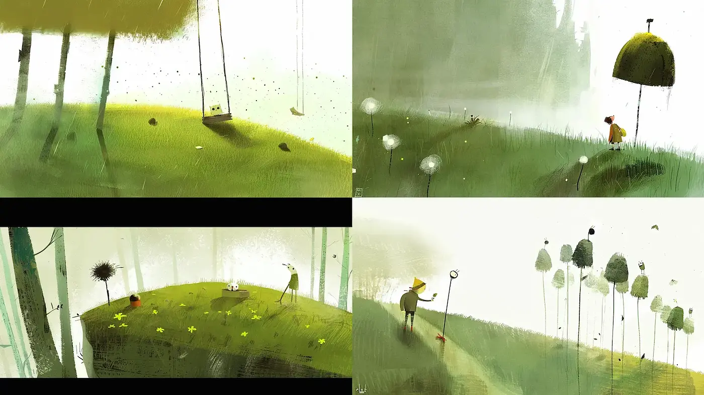 Whimsical and Playful Landscape Illustration with a Dreamlike Quality - Midjourney sref style