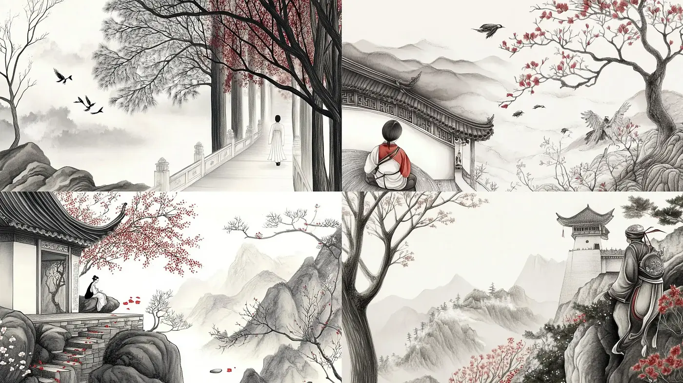 Tranquil Scenes in Monochrome: A Homage to Traditional East Asian Ink Wash Paintings - Midjourney sref style