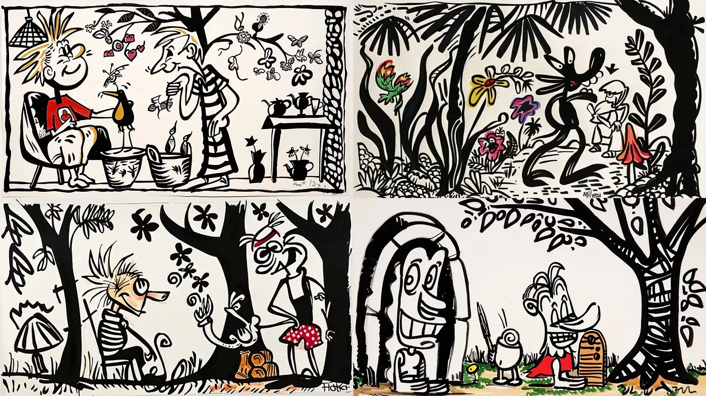 Stylized Cartoon Whimsy in Monochrome with Splashes of Color - Midjourney sref style