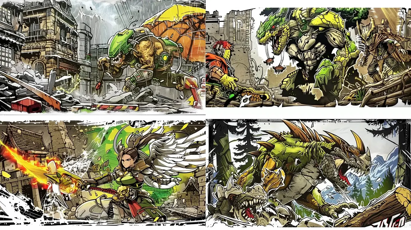 Dynamic Graphic Novel Artistry with Energetic Hues and Stylized Action - Midjourney sref style
