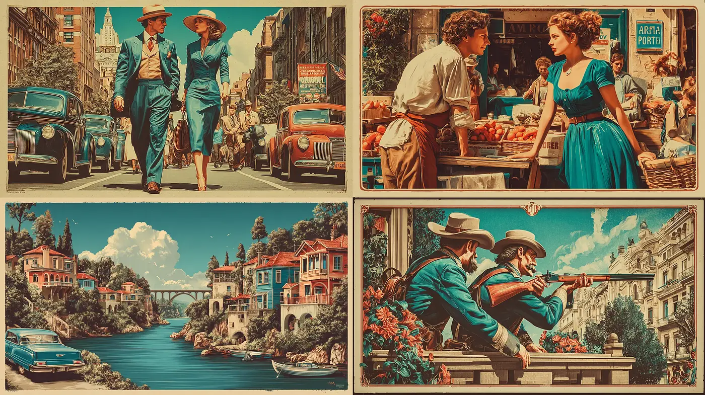 Nostalgic Mid-Century Americana with Vibrant Color Palette - Midjourney sref style